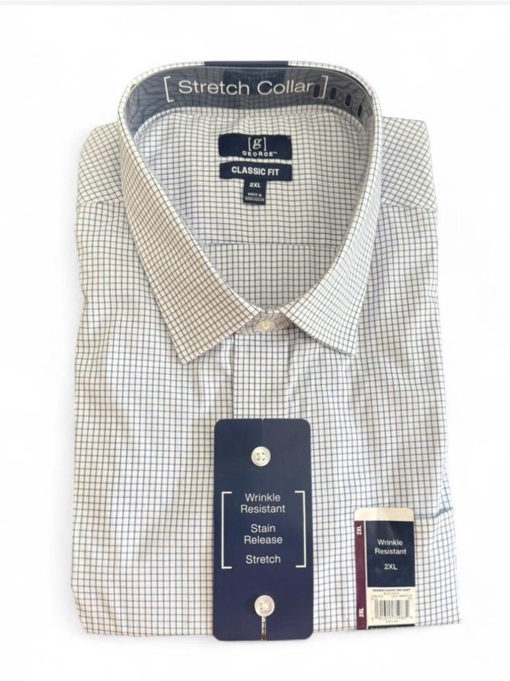 George Mens 2XL 50-52 Blue White Check Long Sleeve Dress Shirt Wrinkle Resistant - Picture 11 of 12